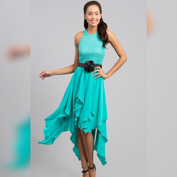 Daisy Dresses & Skirts - Daisy Aqua Blue Lace High Low Plunge Back Dress